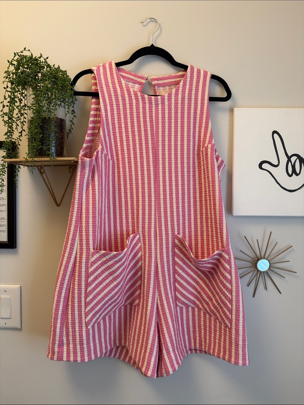 Umgee Pink & Cream Striped Sleeveless Pocket Romper Dress